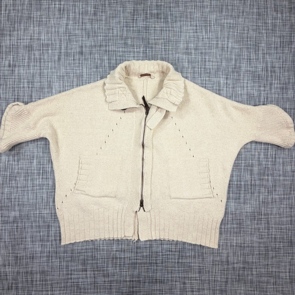 Soft Surroundings Women Ivory Zip Cardigan Sweater Approx M Dolman Buckle Collar